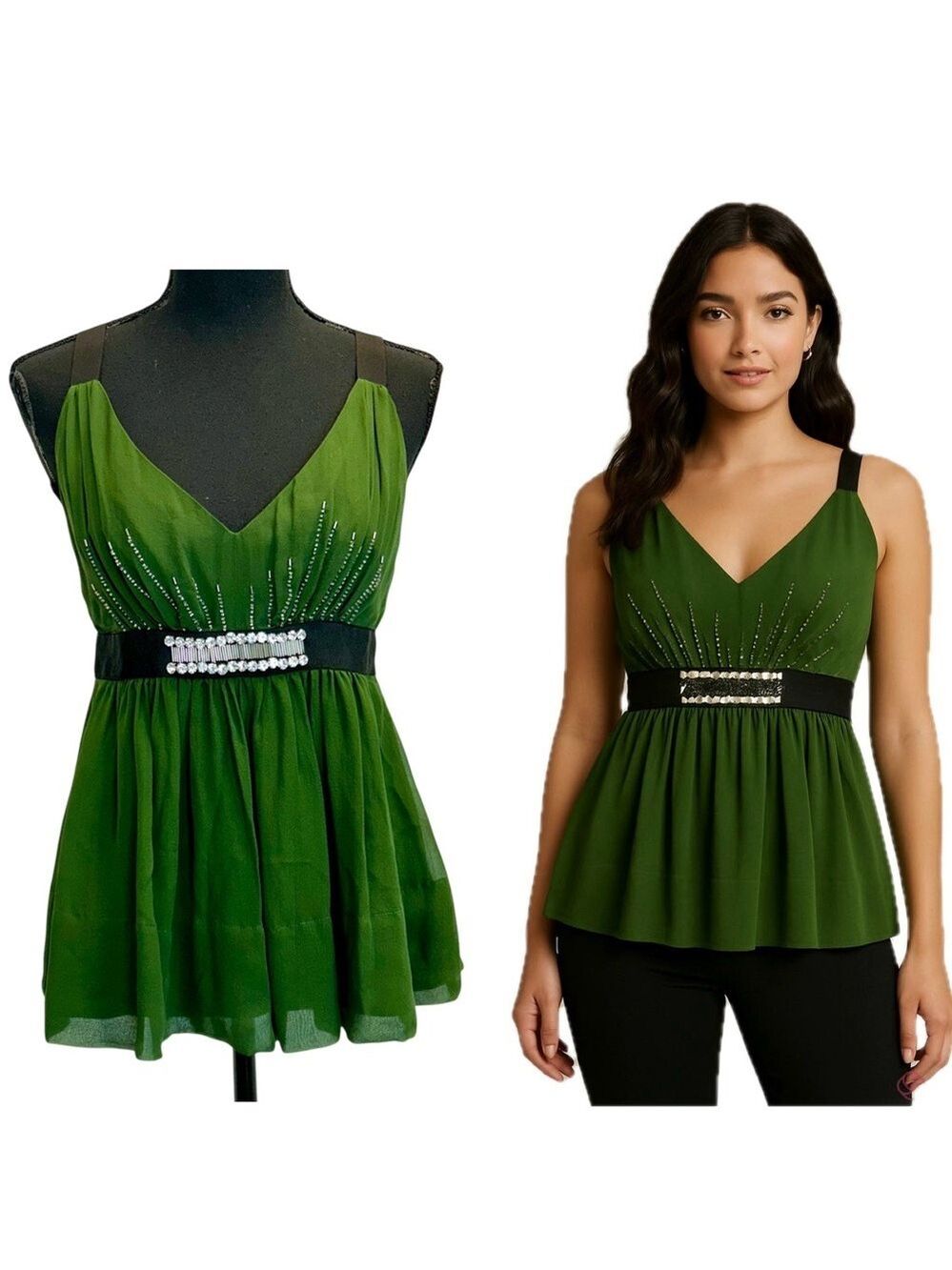 Sandra Angelozzi green V-neck black strap peplum babydoll blouse bead rhinestone